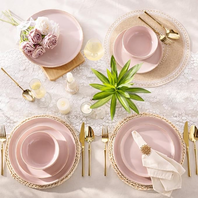 AmorArc Ceramic Dinnerware Sets for 4 12 Pieces Handpainted Plates and Bowls Set with Rustic Terracotta Underside Scratch Resistant Stoneware Dishes Set Dishwasher &amp Microwave Safe