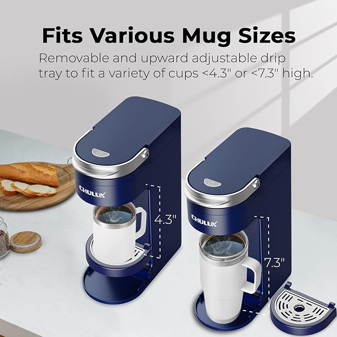 CHULUX Slim Single Serve Coffee Maker for K Pods One Cup Coffee Maker Fits 7.3 Travel Mugs Coffee Machine with 6 to 12oz Brew Sizes Navy Blue
