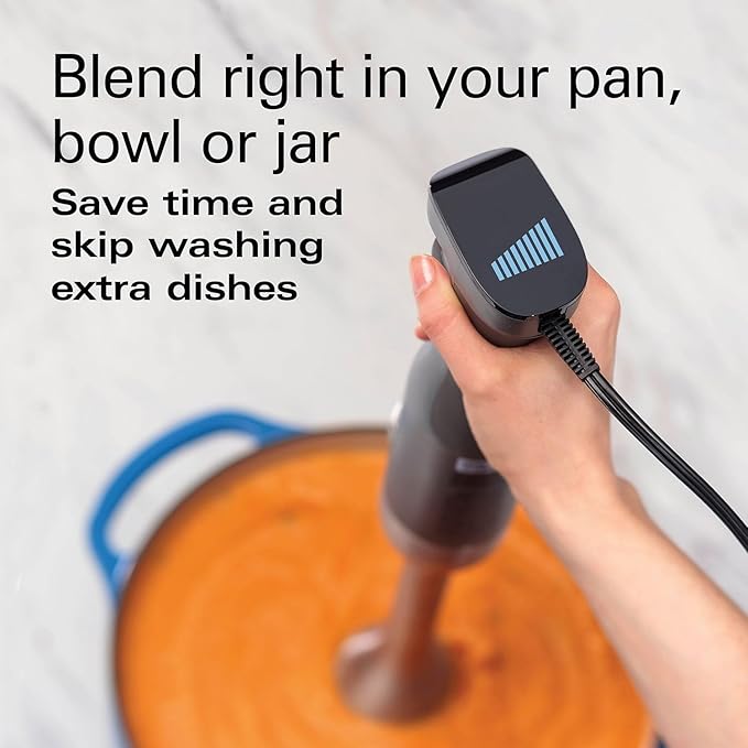 Professional Variable Speed Hand Blender with Ergonomic Soft Grip 225 Watt Motor Extra Long 8-Inch Stainless Steel Blending Shaft Integrated Splash Guard Dishwasher Safe Detachable Parts for Soups