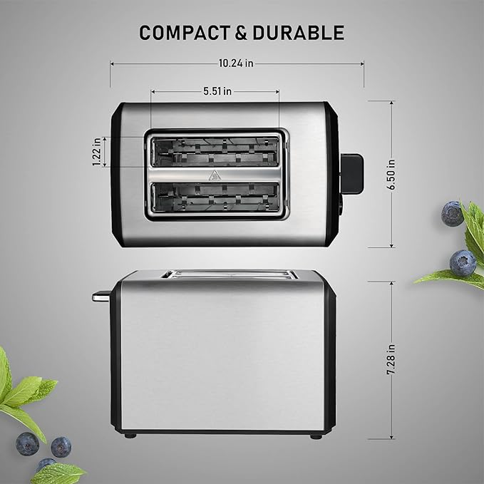 Toaster 2 Slice Wide Slot Stainless Steel Toaster with 6 Browning Levels Reheat &amp Defrost for Bagel Toast Bread Kitchen Essentials Removable Crumb Tray (sliver)