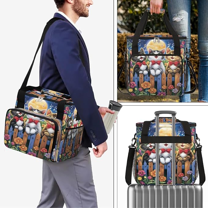 Cartoon Cat Singing On Flowery Fence Coffee Maker Carring Bag Travel Carrying Storage Tote Bag Compatible with Keurig K-Mini or K-Mini Plus Portable Single Serve Coffee Brewer Case with Pockets