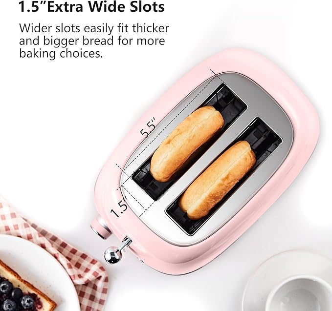 Roter Mond 2 Slice Toaster Retro Stainless Steel with Bagel Cancel and Defrost Functions 6 Bread Shade Settings Extra Wide Slots and Removable Crumb Tray Pink