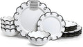 Sango 12-Piece Earthenware Dinnerware Set for 4 Glossy White Plates and Bowls Sets with Black Scalloped Rims Premium Dish Set Dishes for Hosting Parties Birthday &amp Wedding Gifts Splash of Che