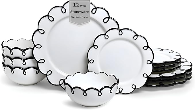 Sango 12-Piece Earthenware Dinnerware Set for 4 Glossy White Plates and Bowls Sets with Black Scalloped Rims Premium Dish Set Dishes for Hosting Parties Birthday &amp Wedding Gifts Splash of Che