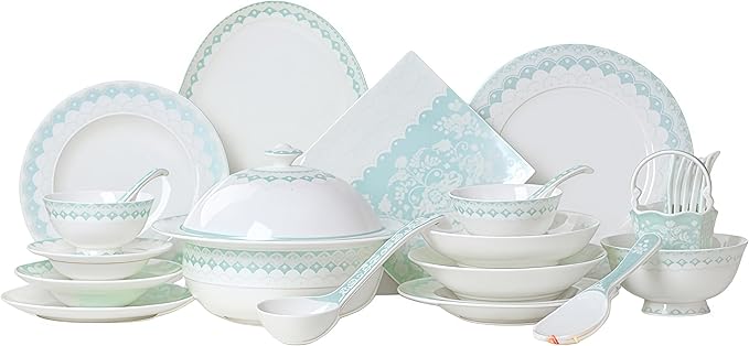 Fine Bone China Dinnerware SetPorcelain&ampCeramic Dinnerware SetsBone Stoneware &amp Ceramic Cookware Tableware Set Includes Dinner Plates|Spoons|Pasta Bowls|Soup Pot|Chopsticks (50PCS * 8-Person