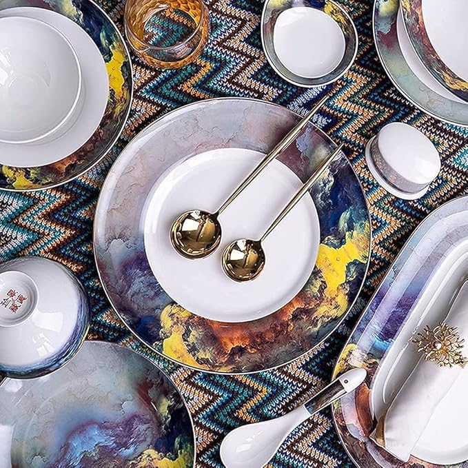 Dining Plate Set 56-Piece Dinnerware Sets American Light Luxury Plate and Bowl Set Ceramic Bone China High-end Dishware Sets for 10 People