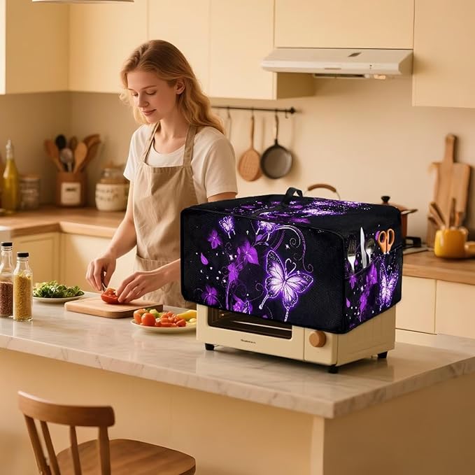 Butterfly Print Toaster Oven Air Fryer Cover for Kitchen Counter Decorative Wide Slot Toaster Cover Dustproof Washable Kitchen Small Appliance Covers Black and Purple