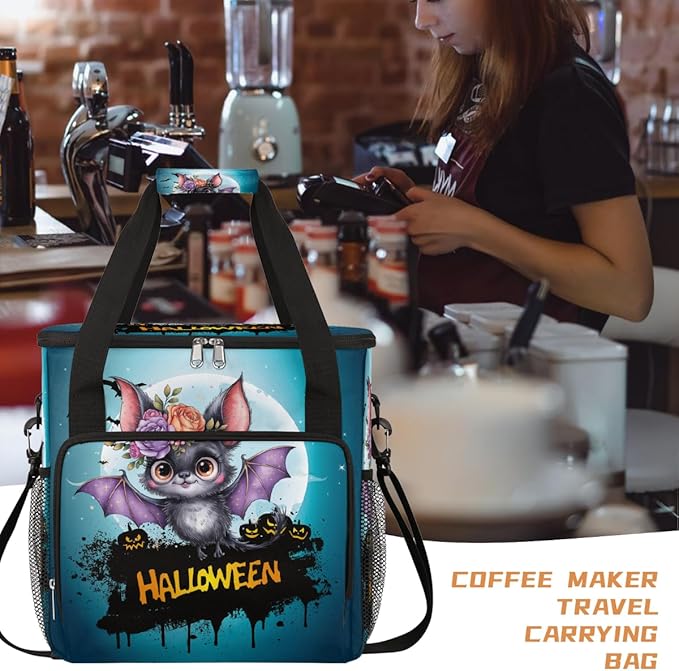 Halloween Bats Flower Moon Coffee Maker Carring Bag Travel Carrying Storage Tote Bag Compatible with Keurig K-Mini or K-Mini Plus Portable Single Serve Coffee Brewer Case with Pockets for K-cup Pods