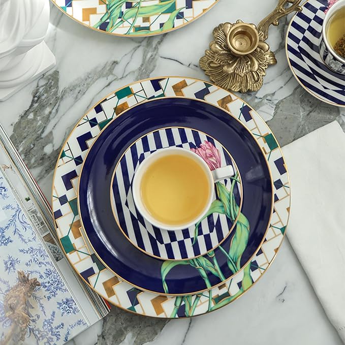 European Style Dinnerware Set Service for 4 Bone China Dinnerware Sets Unbreakable Porcelain Dinner Sets Coffee Cup and Saucer Tableware Set Steak Dinner Plates Dish Set tulip