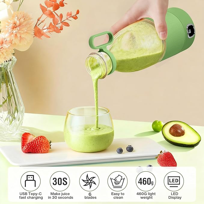 MIAOKE Portable Blender 6 Blades Juicer Cup for Juice Shakes and Smoothies 350ml Mini Blender with Led Display Usb Rechargeable3000Mah Rechargeable Battery for Home Outdoors Travel-Avocado Green