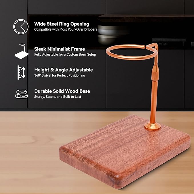 Pour Over Coffee Maker with Adjustable Stand &amp Wooden Base Dripper Stand for Manual Coffee Brewing Coffee Filter Holder Tea Strainer Stand for Home Café Restaurant Camping Golden