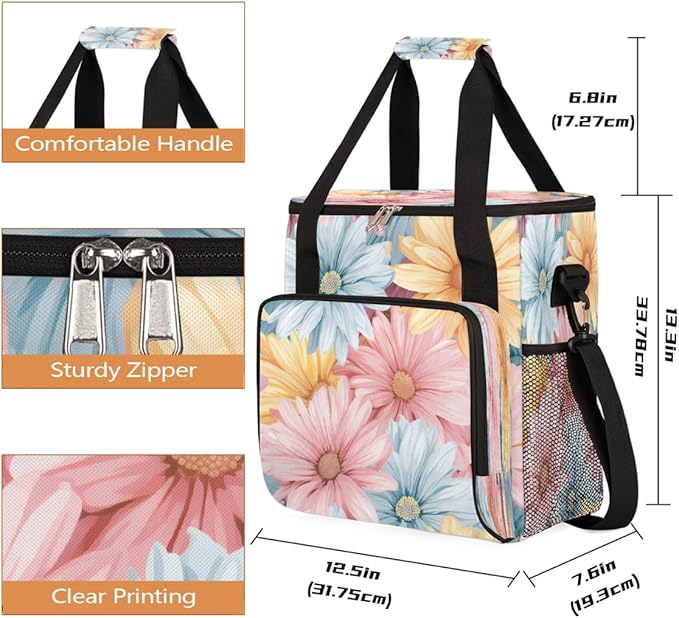 Daisy Flower Pattern Coffee Maker Carring Bag Travel Carrying Storage Tote Bag Compatible with Keurig K-Mini or K-Mini Plus Portable Single Serve Coffee Brewer Case with Pockets for K-cup Pods