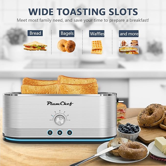 4-Slice Toaster 7 Browning Settings Defrost/Reheat Functions Removable Crumb Tray Full body Stainless Steel Housing 1350WAnti-Fingerprint Anti-Jam stainless steel