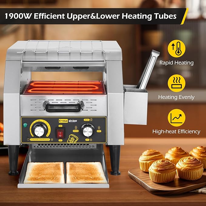 Dyna-Living Commercial Conveyor Toaster 300 Slices/Hour Electric Conveyor Belt Toaster for Restaurant 1900W Heavy Duty Stainless Steel Conveyor Toasters for Bun Bagel Bread