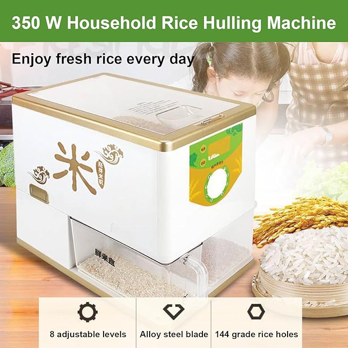 Household Rice Milling Peeling Machine Electric Paddy Rice Bran Separator 350 W Paddy Huller Sheller Hulling 8-Speed Fine Degree Adjustable Movable Rice Bran Box Alloy Steel Knife