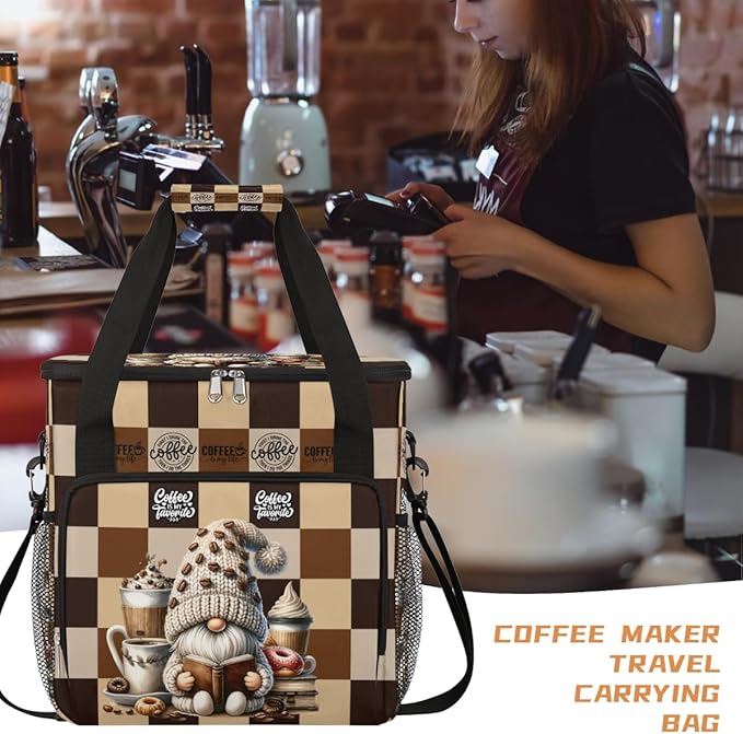 cfpolar Gnome Coffee Brown Coffee Maker Carrying Bag Coffees Machine Travel Storage Bag Compatible with K-Mini or K-Mini Plus Portable Single Serve Coffees Brewer Case with Pockets for K-Cup Pods