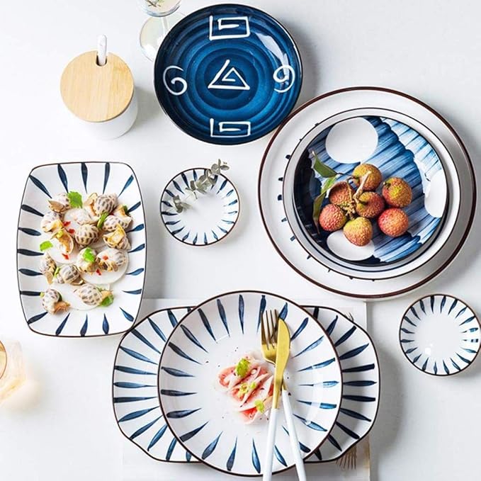 Pottery TablewareBlue Printed Ceramic Dinnerware Sets Porcelain Combi-Set Dinner Plates Dessert Plates Cereal Bowls Salad Bowls