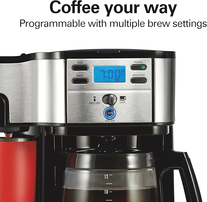 Hamilton Beach 2-Way Programmable Coffee Maker 12 Cup Glass Carafe And Single Serve Coffee Maker Black with Stainless Steel Accents 49980RG