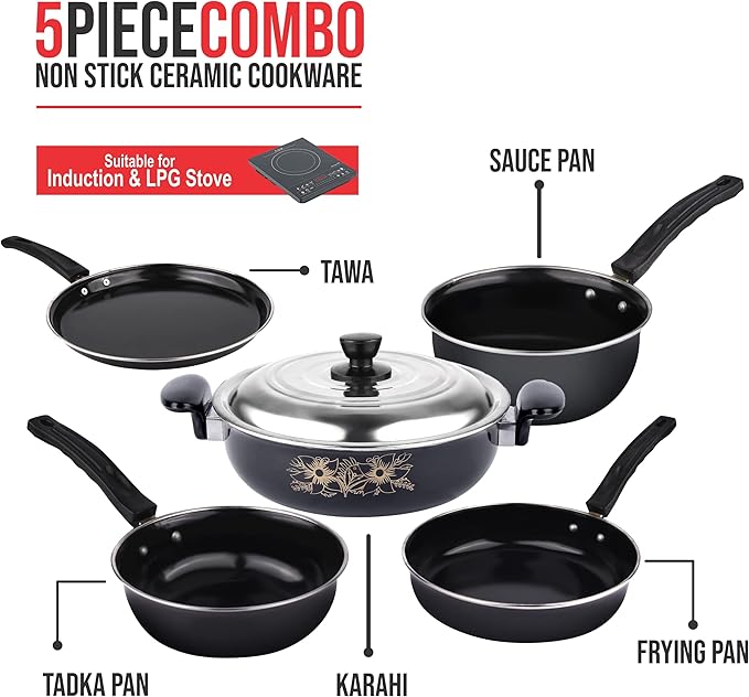 5 Piece Kitchen Accessories Set | Non Stick Induction Friendly Cookware | Kadai with Lid  Fry Pan  Tawa  Sauce &amp Tadka Pan | Ceramic Hard Anodized | Cast Iron Utensils