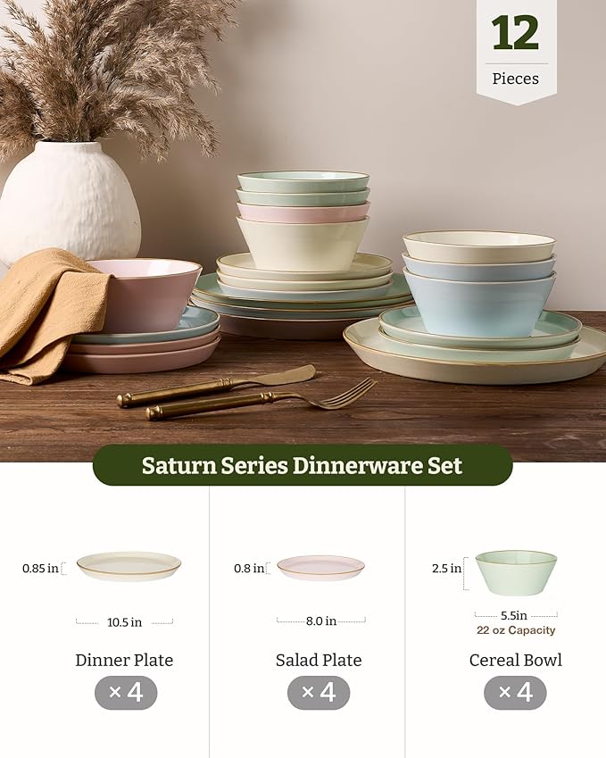 Famiware Saturn Dinnerware Sets Plates and Bowls Sets for 4 12 Pieces Stoneware Dish Set - Chip and Scratch Resistant Microwave and Dishwasher Safe Tableware Set Multi-color with Rim