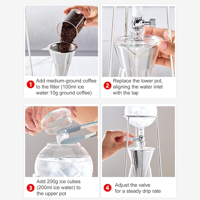 Cold Brew Drip Tower Ice Drip Coffee Maker with Pour-Over Coffee Pot High Borosilicate Heat-Resistant Glass &amp Stainless Steel Filter 2-4 Cup for Cold Brewed Coffee and Tea