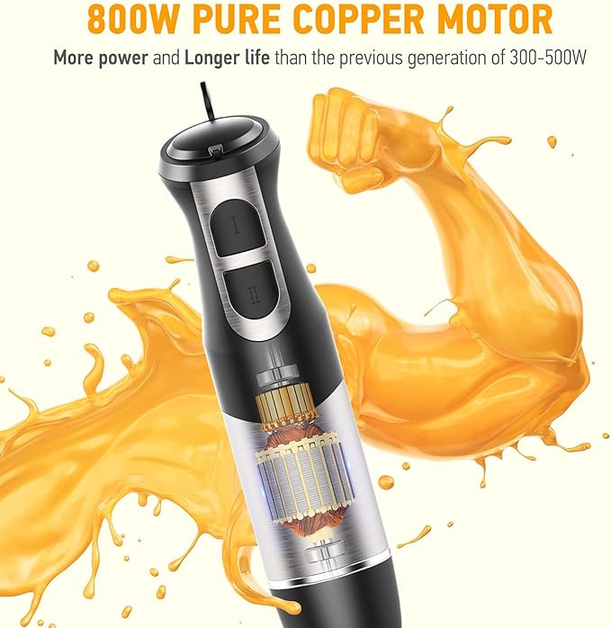 Hand Blender 800W 5-in-1 Immersion Hand Blender 12-Speed Multi-function Stick Blender with 500ml Chopping Bowl Whisk 600ml Mixing Beaker Milk Frother Attachments BPA-Free