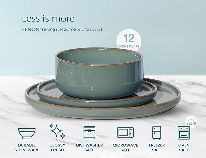 Dinnerware Set 12 Piece by Vase and Vessel Ceramic 10.5” Dinner Plates 8.2” Salad Plates and 25 oz Soup Bowls Stoneware Microwave and Dishwasher Safe 12 Piece Set Beige Somerset Collection