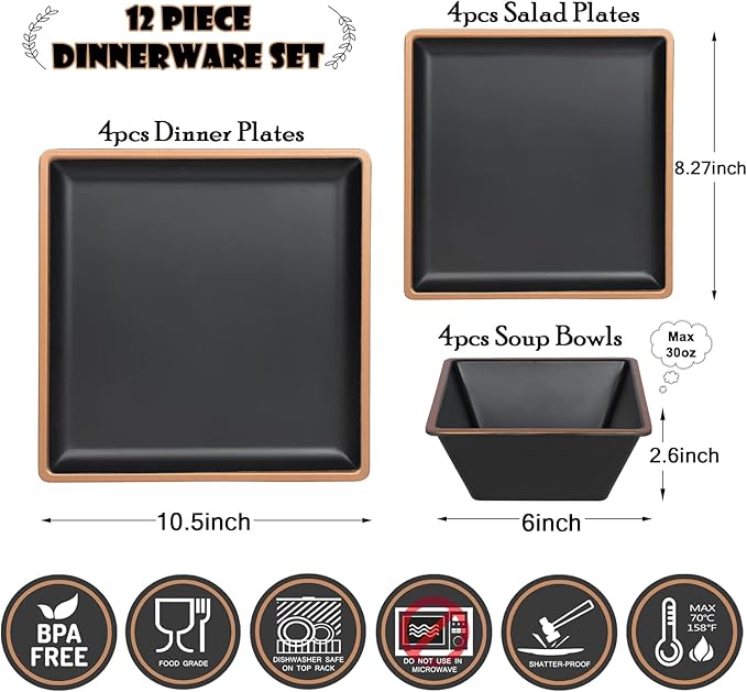 Melamine Dinnerware Sets Service for 4 Square Dinner Plates and Bowls Set12-Piece Set Non-breakable Lightweight Dinner Tableware for Indoor/Outdoor Use