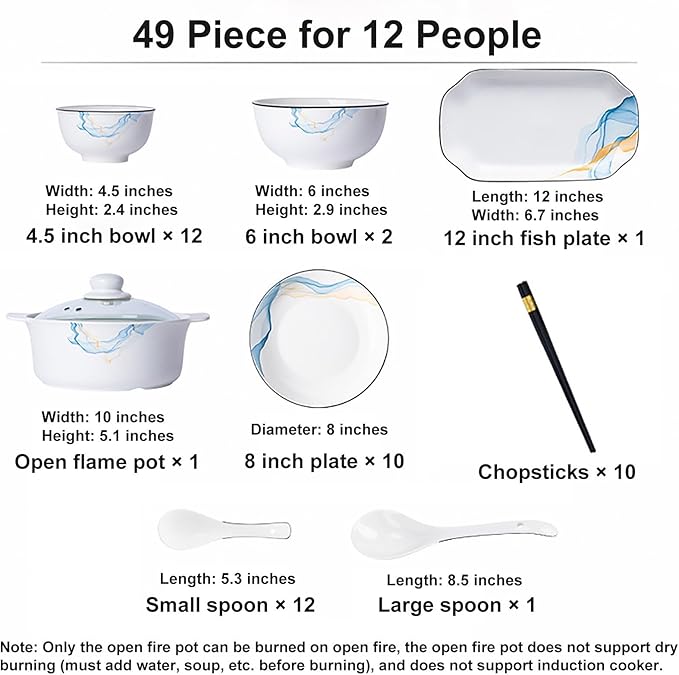 Simple Dining Ware Set 49 Pieces Bowl and Plate Set Dishes Set for 12 Wear Resistant and Scratch Resistant Dinnerware Sets Heat Insulation Anti-Scald Bakeable and Microwavable Easy to Heat Up
