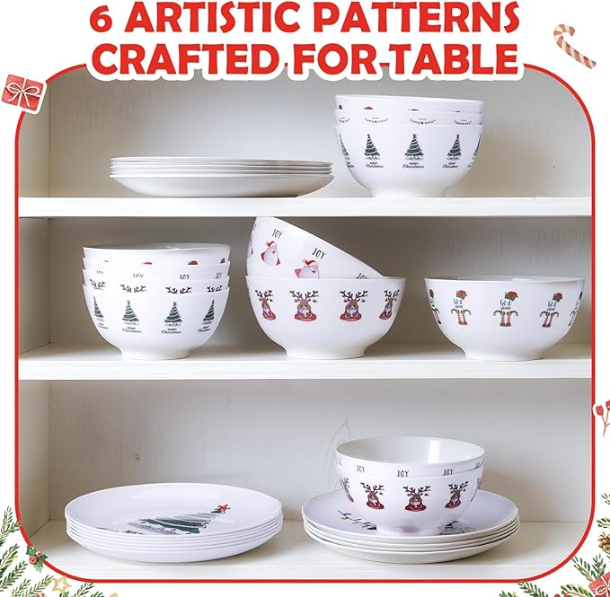 12 Pcs Christmas Melamine Dinner Plates and Bowl Service for 6 Guest with 6in Bowl 10in Plates Reusable Dinnerware Sets Xmas Party Supplies Gifts Festive Holiday Tableware Collection