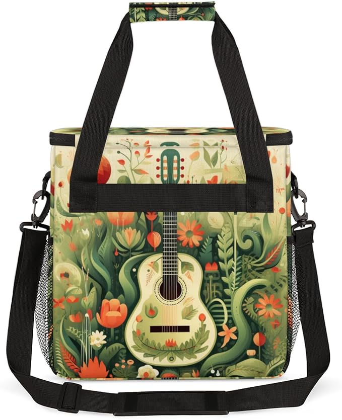 Retro Guitar Coffee Maker Carrying Bag Tropical Leaves Travel Storage Bag Compatible with K-Mini or K-Mini Plus Single Serve Coffee Brewer Carrying Case with Multiple Pockets &amp Shoulder Strap