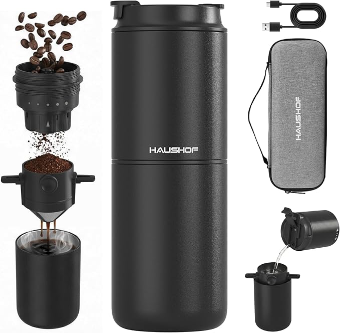 HAUSHOF Portable Coffee Maker Travel Coffee Maker Battery Operated Small Pour Over Set Compact Coffee Maker with Electric Grinder &amp Insulated Mug for Travel Camping Car