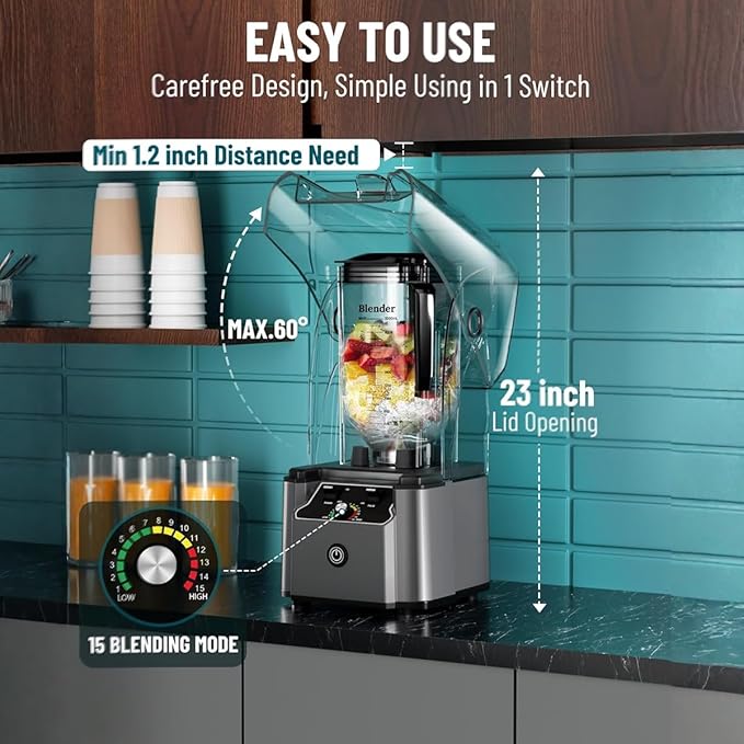 Professional Commercial Blender With Shield Quiet Sound Enclosure 2200W Industries Strong and Quiet Professional-Grade Power Self-CleaningGrey