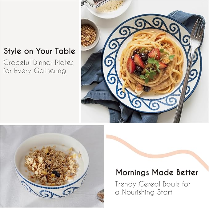 12-Piece Dinnerware Set for 4 Stoneware Kitchen Plates &amp Bowls Set Coastal Dinnerware Sets Microwave &amp Dishwasher Safe Scratch Resistant Vintage Dishware Set for Everyday Use &amp Family
