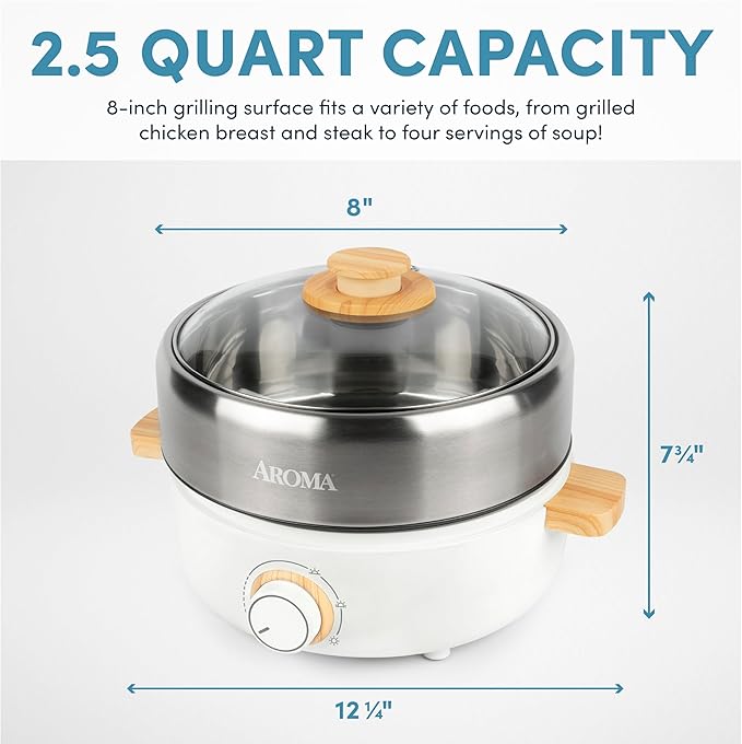 Aroma Housewares AMC-130 Whatever Pot Indoor Grill Cooking Hot Pot with Glass Lid Bamboo Handles 2.5L Stainless Steel/White