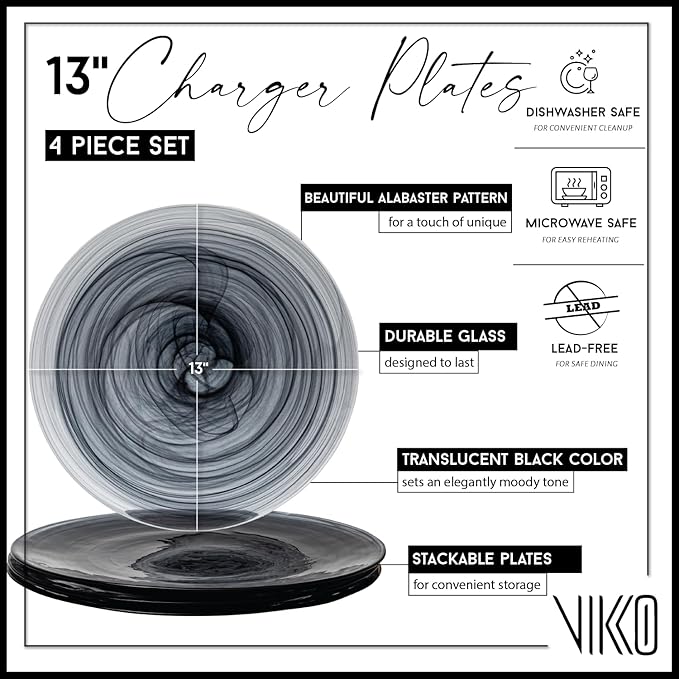 Vikko Charger Plates Set of 4 Black Alabaster Dinner Plates 13 Plate with Marbelized Swirl Design Elegant Glass Charger Dishwasher Safe
