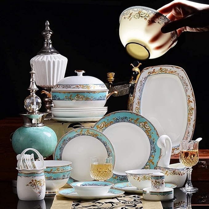 Dinnerware Set Dinner Party Tableware Service Set Ceramics Dinnerware Set with 50-Piece Bowl/Stockpot/Dish/Spoon|Bone China Dinner Sets Porcelain Combination Set50pieces