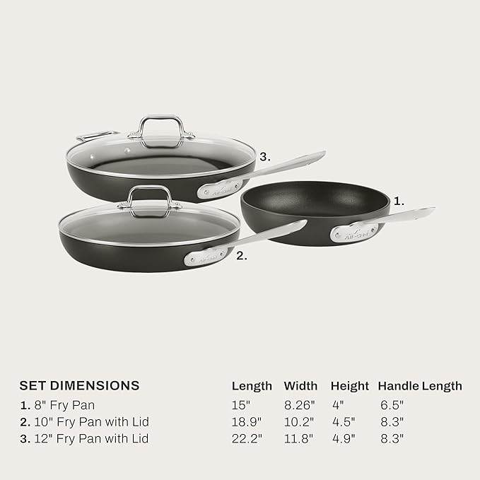 All-Clad HA1 Hard Anodized Nonstick Fry Pan Set – 5-Piece Cookware 8 10 12 Skillets with Lid Induction Compatible Oven Safe to 500°F Lid Safe to 350°F Black