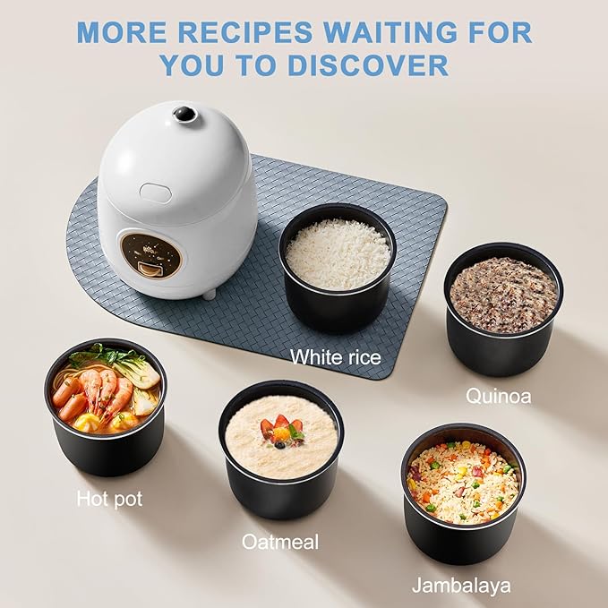 Bear Mini Rice Cooker 2 Cups Uncooked 1.2L Portable Non-Stick Small Travel Rice Cooker BPA Free One Button to Cook and Keep Warm Function White