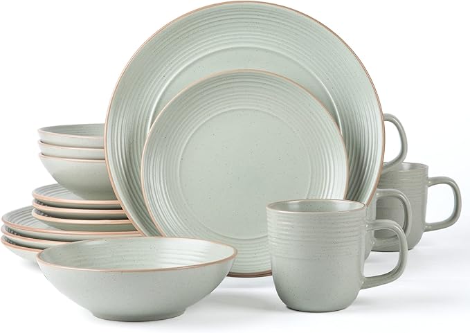 RINGAR Round Stoneware 16pc Dinnerware Set of 4 Dinner Plates Side Plates Cereal Bowls Mugs - Speckle Matte White (406646)