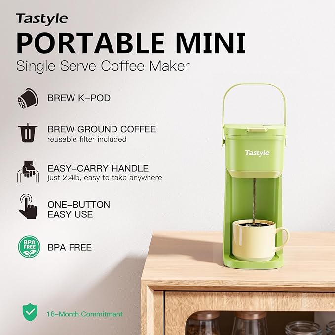 Single Serve One Cup Coffee Maker for K Cups and Grounds Mini Coffee Maker with Portable Handle 6 to 12 Oz Brew Size for Travel Camping Office RV and Dorm 120V Lime Green