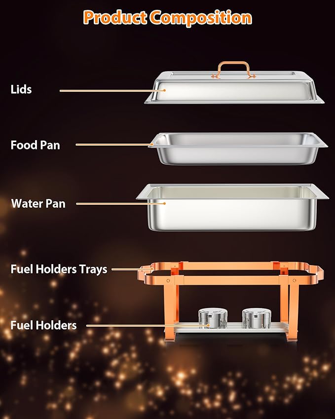 Commercial 8QT Chafing Dish Buffet Set - 4 Pack Rectangular Stainless Steel Food Warmers with Lid Holder Folding Frame Rose Gold for Catering Banquet Wedding 4-Piece Set