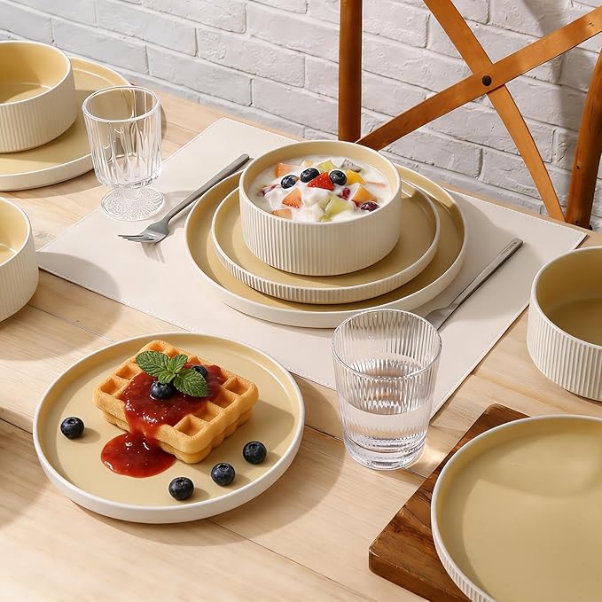 MONITO Ceramic Dinnerware Sets for 4 12PCS Stoneware Plates and Bowls Sets Reactive Glaze Dish Set Chip and Scratch Resistant Double Microwave and Dishwasher Safe White Orange