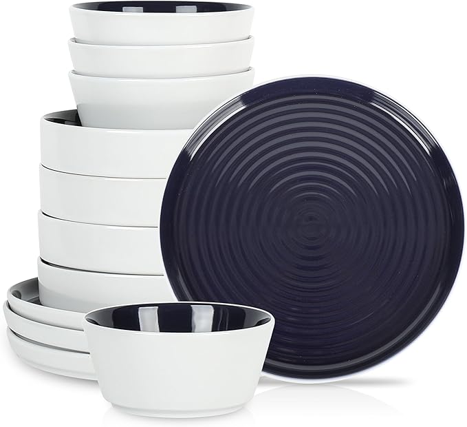Stone Lain Elica 12-Piece Modern Dinnerware Set Stoneware Plates and Bowl Sets for 4 Navy and White