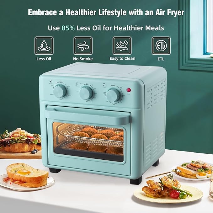 Novaspark Air Fryer Toaster Oven Combo Retro Convection Oven Countertop16QT Small Toaster Oven 4-slices or 9 PizzaBakeToastBroil Air Fry Rapid Heating Mini Conventional Oven Non-Stick Blue