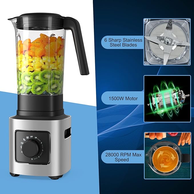 LDAILY Professional Blender Heavy Duty Smoothie Maker w/ 1500W Motor 68 oz Tritan Jar 6 Stainless Steel Blades 5-Level Speed Control &amp 5 Preset Modes Blender for Milkshake &amp Juice Silver
