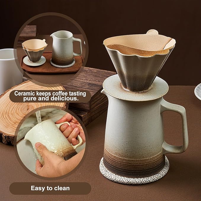 Pour Over Coffee Maker Ceramic Coffee Dripper with 40pcs V02 Paper Filter &amp Coaster 18.2oz/540ml Flower Shape Pour Over Coffee Filter set (Brown Gradient Set)