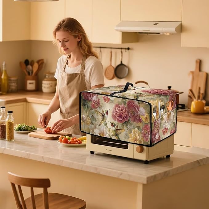 Vintage Hummingbird Toaster Oven Cover with Storage Pockets Multipurpose Microwave Air Fryer Kichen Appliances Protective Covers Essential for Everyday Home Kitchens