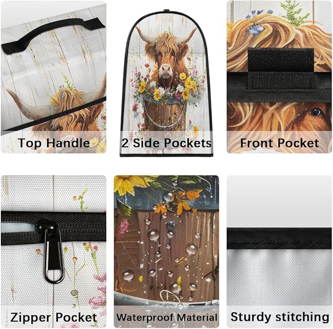 Kitchen Aid Mixer Cover Flowers Cute Cow Highland Stand Mixer Cover Compatible with 6-8 Quarts Stand Mixers Dust Covers with Zipper Pocket Foldable Washable Kitchen Aid Organizer Bag