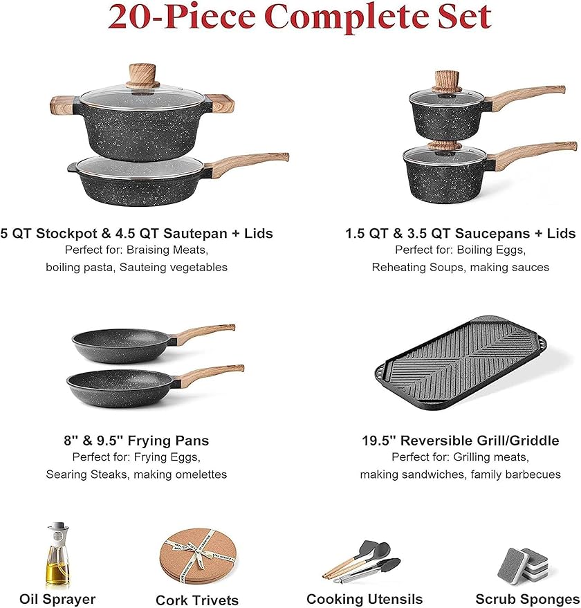 20 Pcs Pots and Pans Set Kitchen Nonstick Cookware Sets Granite Frying Pans for Cooking Marble Stone Kitchen Essentials Dishwasher SafeCompatible with All Stovetops (Granite-Black)